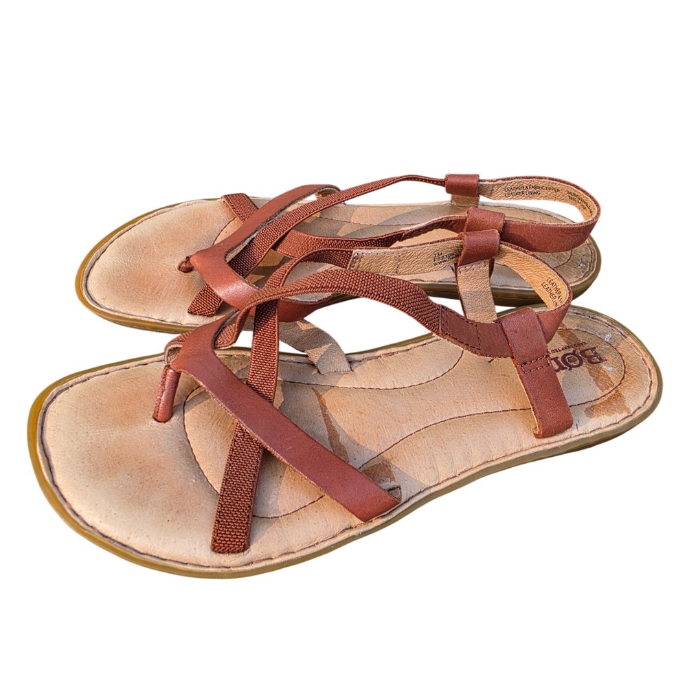 Born CQA18 Brown Leather Elastic Strappy Thong Sandals Womens 7M F02306